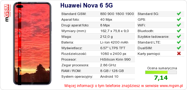Dane telefonu Huawei Nova 6 5G