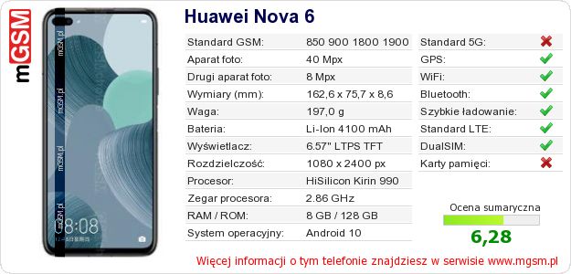 Dane telefonu Huawei Nova 6 Dane telefonu Huawei Nova 6