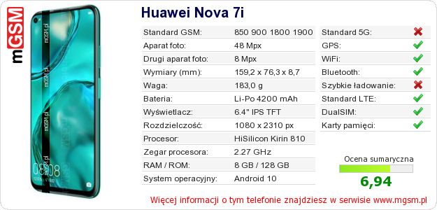 Dane telefonu Huawei Nova 7i Dane telefonu Huawei Nova 7i
