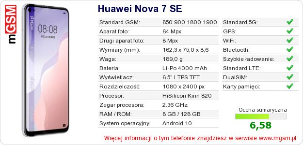 Dane telefonu Huawei Nova 7 SE Dane telefonu Huawei Nova 7 SE