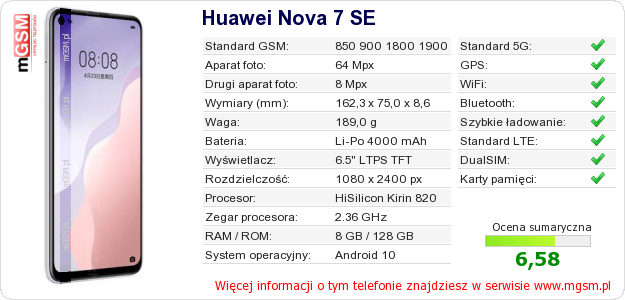 Dane telefonu Huawei Nova 7 SE