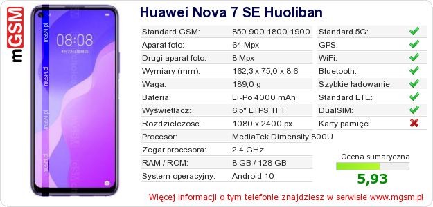 Dane telefonu Huawei Nova 7 SE Huoliban