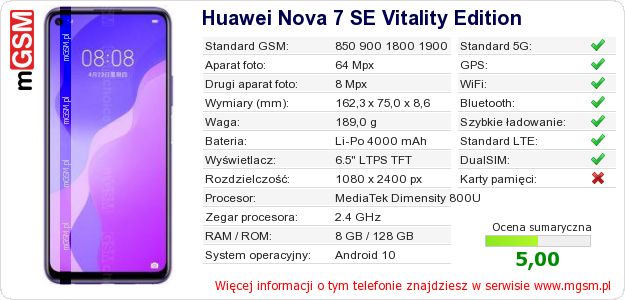 Dane telefonu Huawei Nova 7 SE Vitality Edition Dane telefonu Huawei Nova 7 SE Vitality Edition