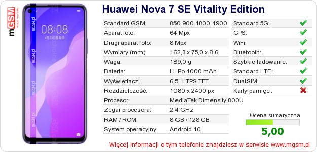 Dane telefonu Huawei Nova 7 SE Vitality Edition