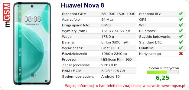 Dane telefonu Huawei Nova 8 Dane telefonu Huawei Nova 8