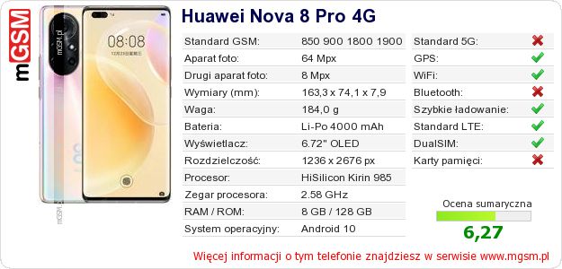 Dane telefonu Huawei Nova 8 Pro 4G