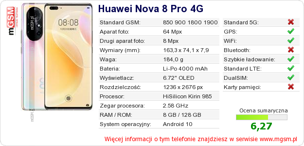Dane telefonu Huawei Nova 8 Pro 4G