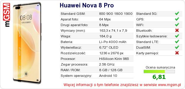 Dane telefonu Huawei Nova 8 Pro Dane telefonu Huawei Nova 8 Pro