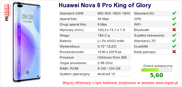 Dane telefonu Huawei Nova 8 Pro King of Glory