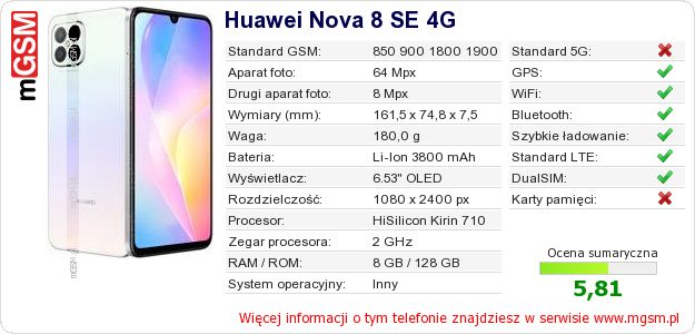 Dane telefonu Huawei Nova 8 SE 4G