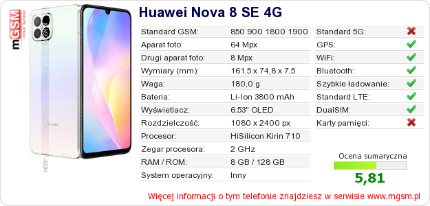 Dane telefonu Huawei Nova 8 SE 4G Dane telefonu Huawei Nova 8 SE 4G