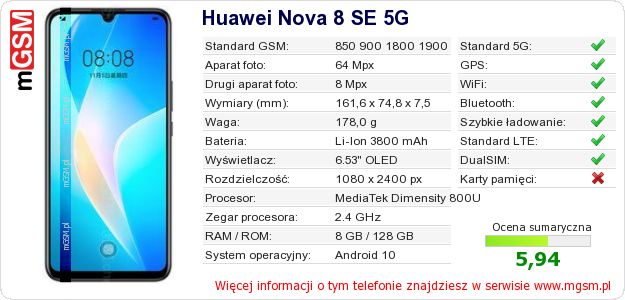 Dane telefonu Huawei Nova 8 SE 5G Dane telefonu Huawei Nova 8 SE 5G
