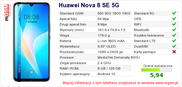 Dane telefonu Huawei Nova 8 SE 5G Dane telefonu Huawei Nova 8 SE 5G