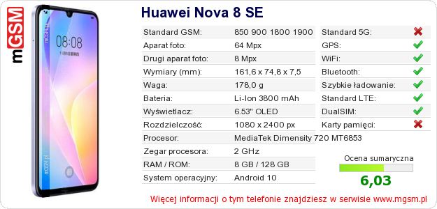 Dane telefonu Huawei Nova 8 SE