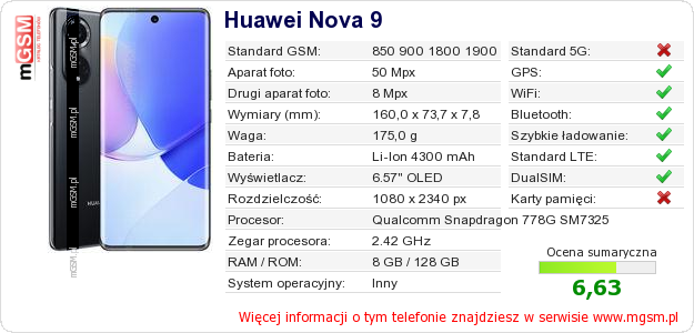 Dane telefonu Huawei Nova 9