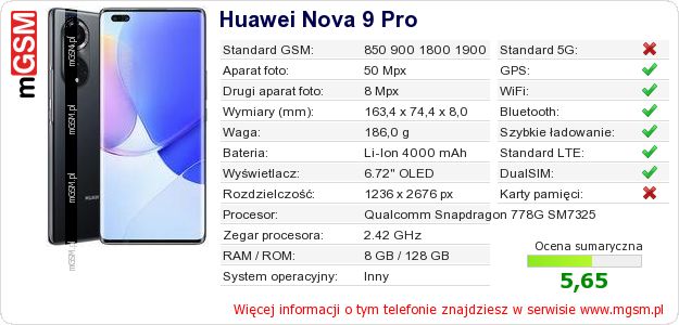 Dane telefonu Huawei Nova 9 Pro Dane telefonu Huawei Nova 9 Pro