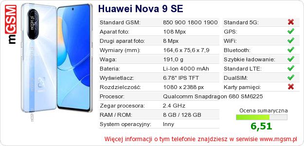 Dane telefonu Huawei Nova 9 SE Dane telefonu Huawei Nova 9 SE