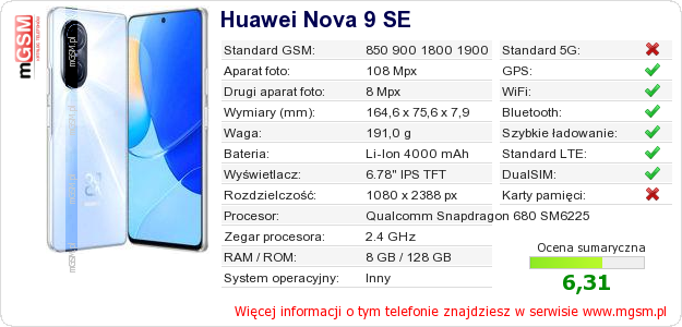 Dane telefonu Huawei Nova 9 SE Dane telefonu Huawei Nova 9 SE