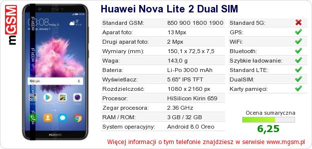 Dane telefonu Huawei Nova Lite 2 Dual SIM
