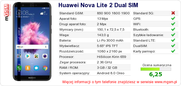 Dane telefonu Huawei Nova Lite 2 Dual SIM
