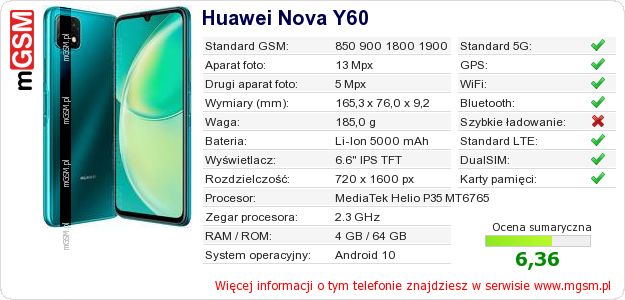 Dane telefonu Huawei Nova Y60