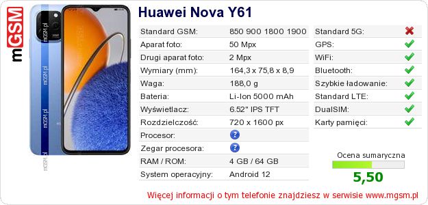 Dane telefonu Huawei Nova Y61