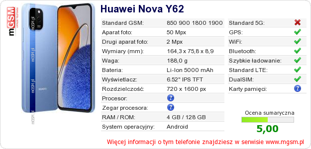 Dane telefonu Huawei Nova Y62 Dane telefonu Huawei Nova Y62