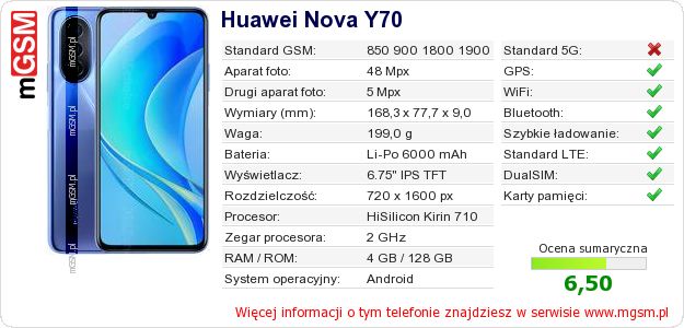 Dane telefonu Huawei Nova Y70