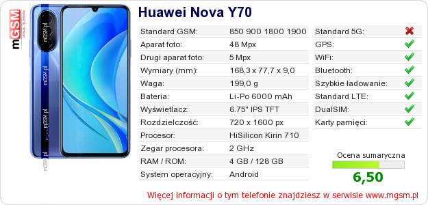 Dane telefonu Huawei Nova Y70