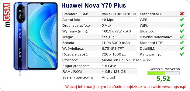 Dane telefonu Huawei Nova Y70 Plus Dane telefonu Huawei Nova Y70 Plus