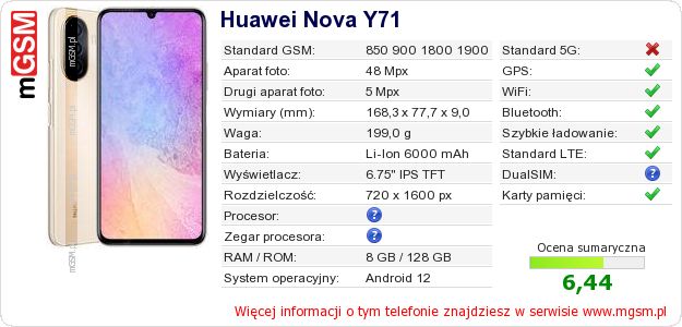 Dane telefonu Huawei Nova Y71