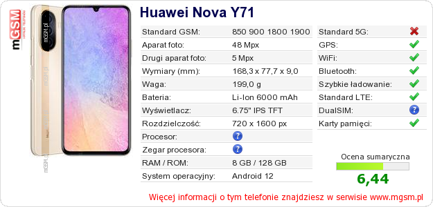 Dane telefonu Huawei Nova Y71