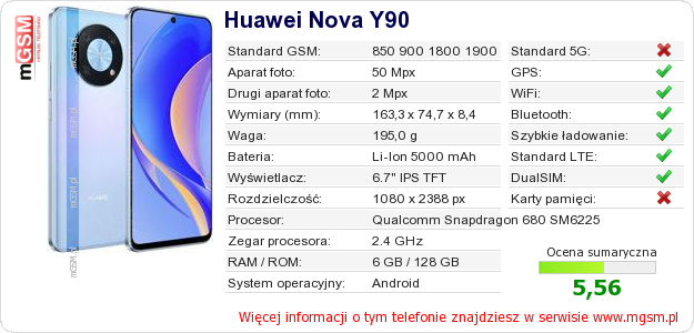 Dane telefonu Huawei Nova Y90