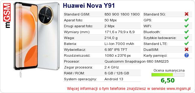 Dane telefonu Huawei Nova Y91 Dane telefonu Huawei Nova Y91