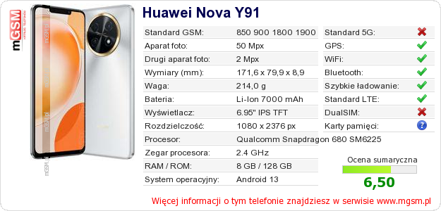 Dane telefonu Huawei Nova Y91 Dane telefonu Huawei Nova Y91