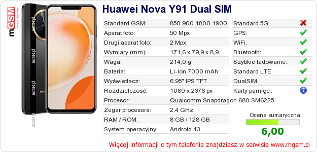 Dane telefonu Huawei Nova Y91 Dual SIM