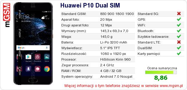 Dane telefonu Huawei P10 Dual SIM