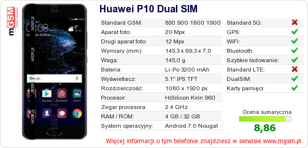 Dane telefonu Huawei P10 Dual SIM Dane telefonu Huawei P10 Dual SIM