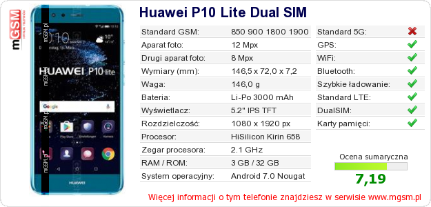 Dane telefonu Huawei P10 Lite Dual SIM