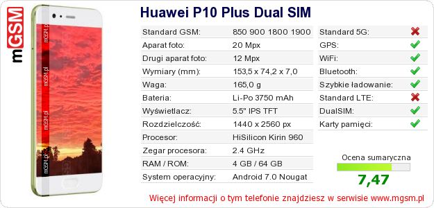Dane telefonu Huawei P10 Plus Dual SIM Dane telefonu Huawei P10 Plus Dual SIM