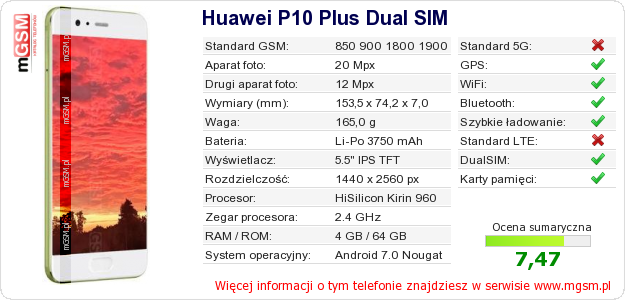 Dane telefonu Huawei P10 Plus Dual SIM Dane telefonu Huawei P10 Plus Dual SIM