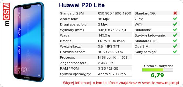 Dane telefonu Huawei P20 Lite