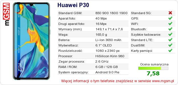 Dane telefonu Huawei P30 Dane telefonu Huawei P30