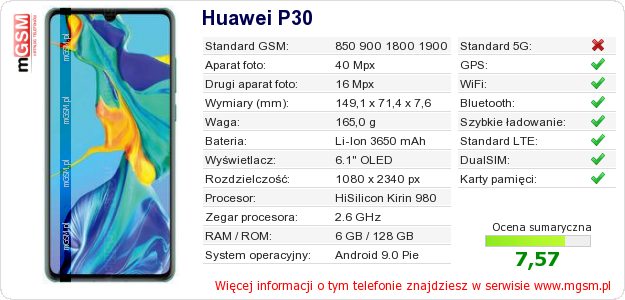 Dane telefonu Huawei P30