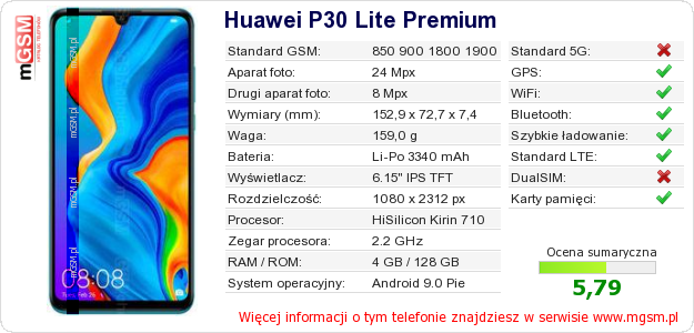 Dane telefonu Huawei P30 Lite Premium