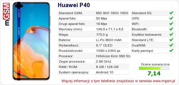 Dane telefonu Huawei P40