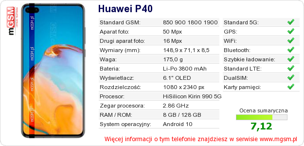 Dane telefonu Huawei P40