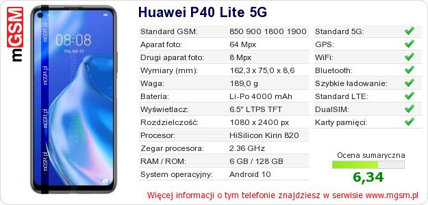 Dane telefonu Huawei P40 Lite 5G