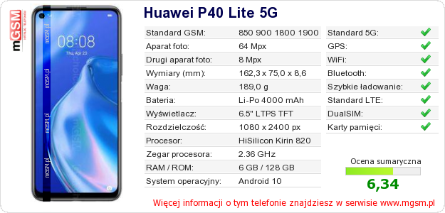 Dane telefonu Huawei P40 Lite 5G