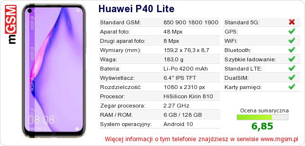 Dane telefonu Huawei P40 Lite